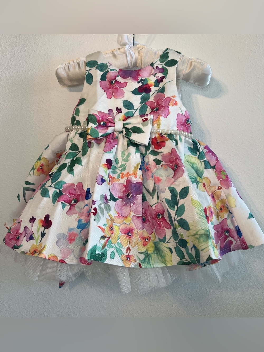 Couture Princess Baby Girl Floral Dress with Bow and Pearl Waist